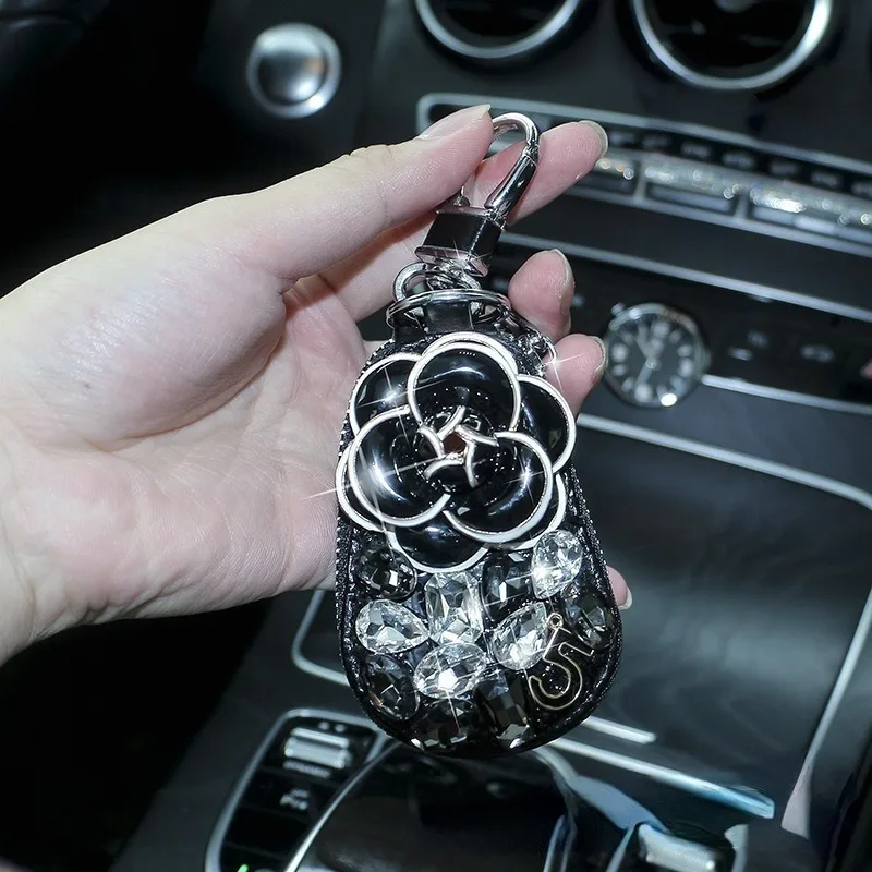 Car Key Case Camellia Inlaid Artificial Diamond Car Key Case Rhinestone Universal Key Protection Cover