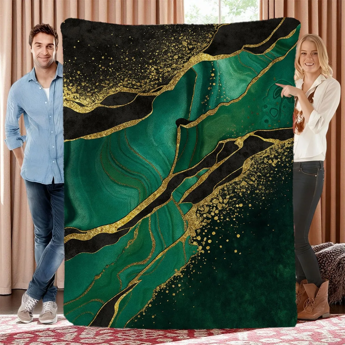 Luxury Modern Emerald Marble Throw Blanket Golden Glitter Liquid Abstract Foil Ink Art Cozy Cover For Bed Pod Chair
