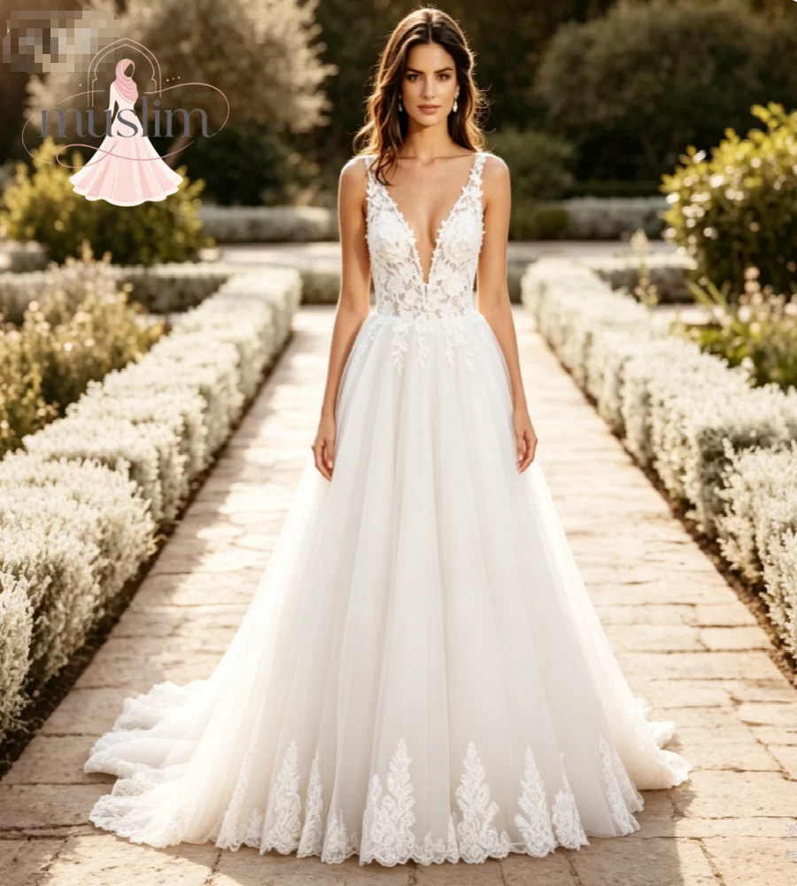 Deep V Neck Spaghetti Strap Wedding Dress Bohemian A Line Tulle Lace Boho Bridal Dresses 2026 Elegant 3D Flowers Gatsby Hippie