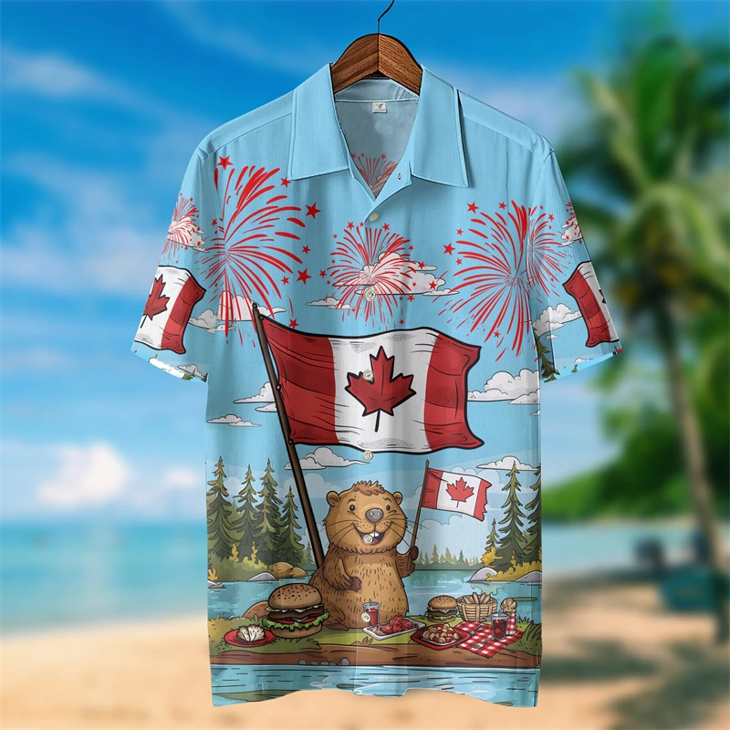 Happy Canada Day 3D Printed Shirts For Men Clothes Fashion Squirrel Maple Leaf Lapel Blouse Canadian Patriotic Blouses Dog Tops