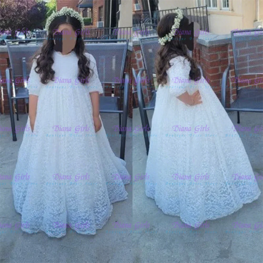 Lovely White Flower Girl Dress Milk Lace Fluffy Half Sleeve Knee Length Bow Pageant Ball Gown Feather Kids Birthday Party Gowns