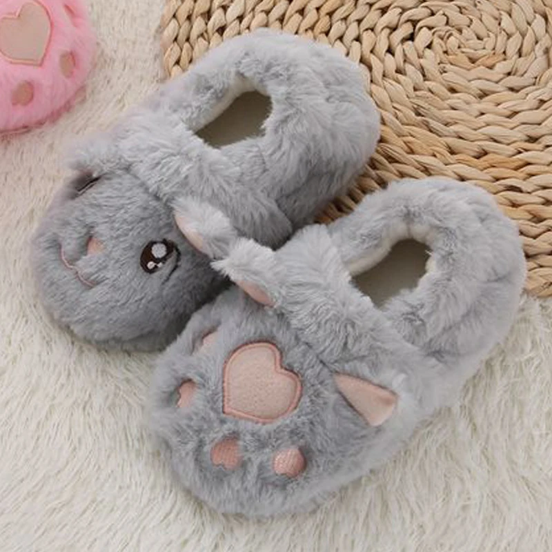 Toddler Boy Slippers for Girl Baby Items Indoor Winter Plush Warm Cartoon Cat Paw Kid House Footwear Soft Rubber Sole Home Shoes