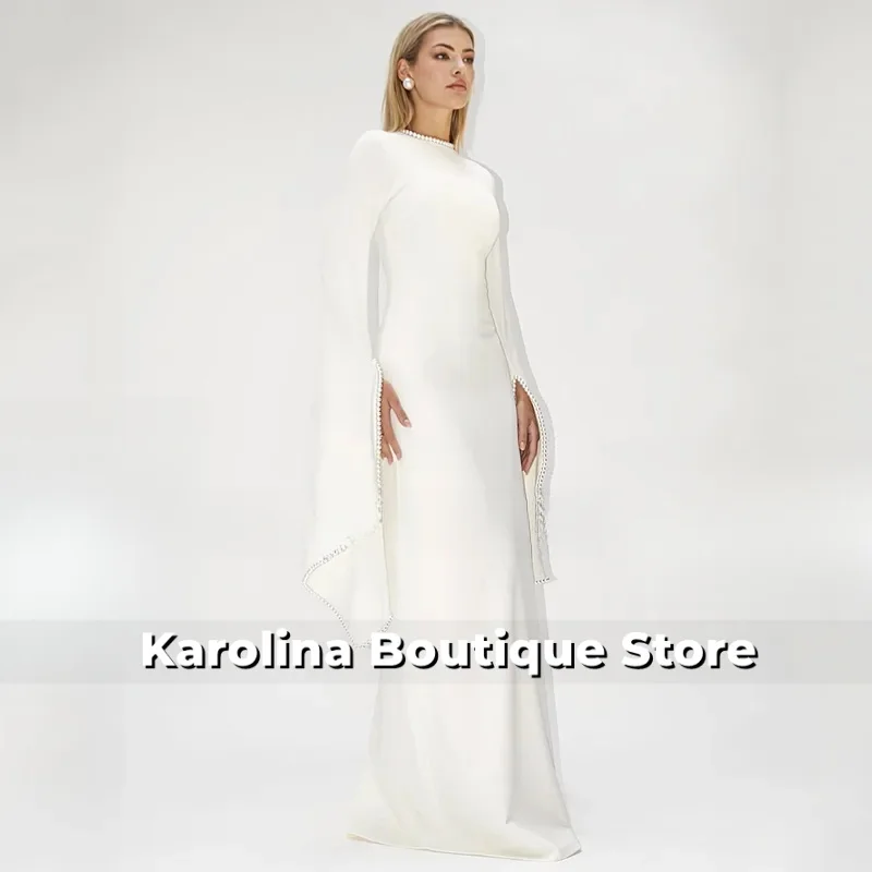 Robe de soirée modeste perles col rond manches longues une ligne robes de soirée modernes pour les femmes longueur de plancher robes d'invité de mariage ivoire