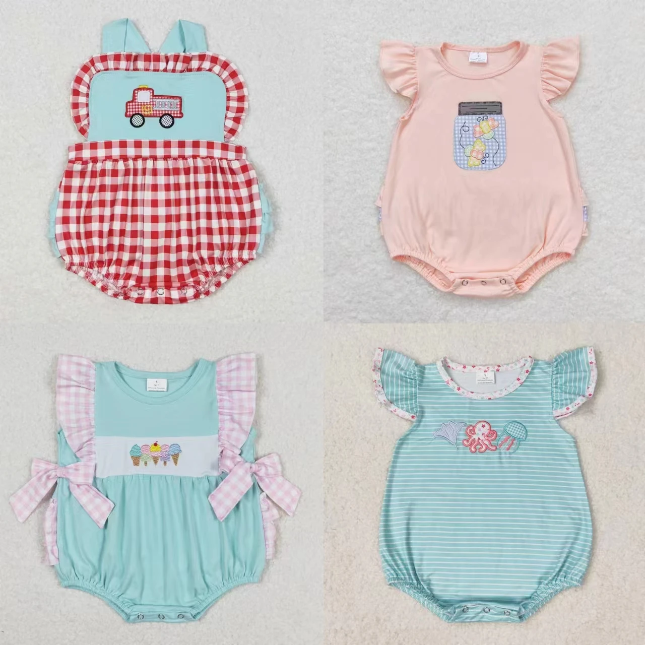 Wholesale Summer Newborn Embroidery Romper Baby Girl Short Sleeves Jumpsuit Kids Toddler Buttons Bubble One-piece Clothing