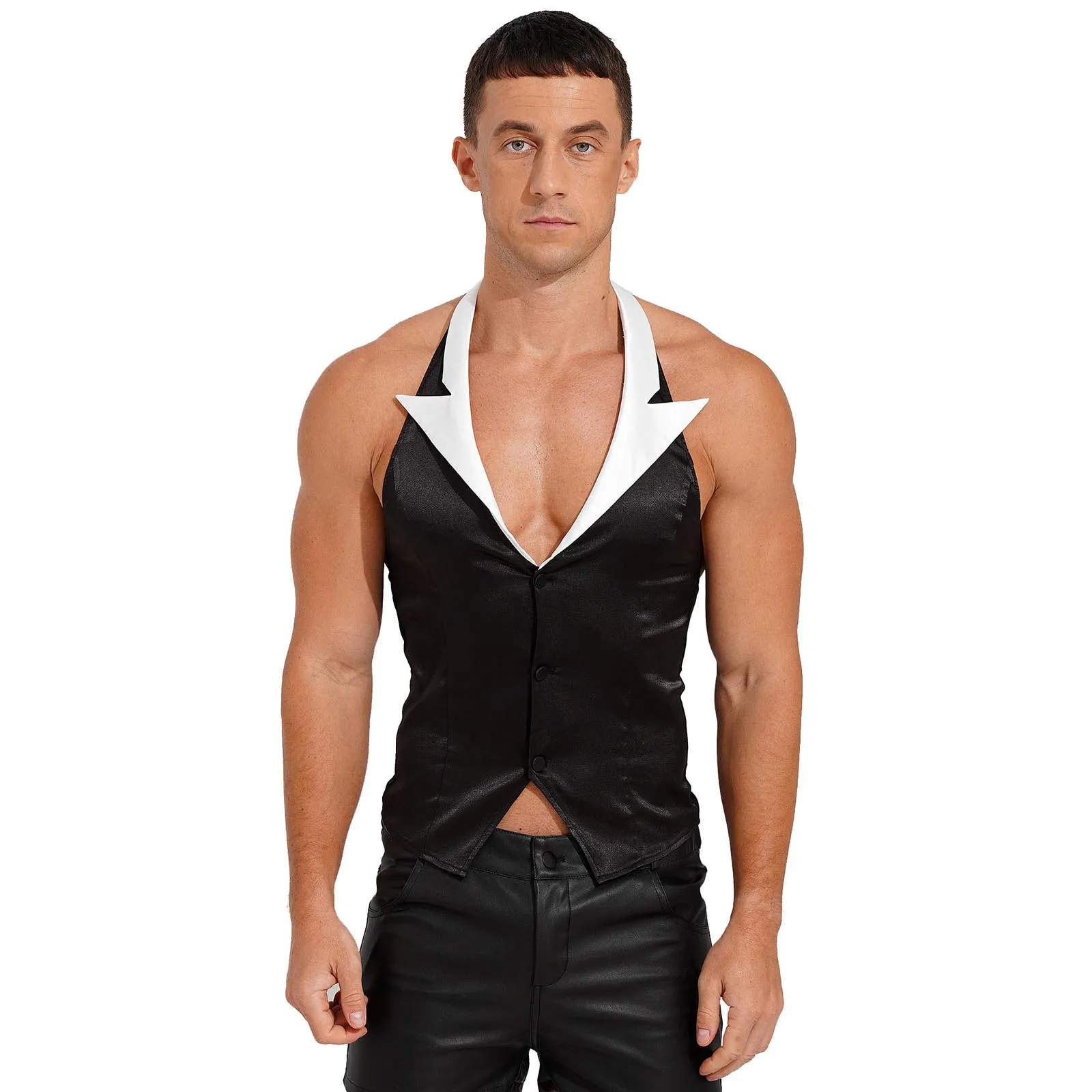 Halloween Mens Waiter Cosplay Costume Contrast Color Halter Sleeveless Sissy Vest Patchwork Backless Irregular Hem Button Tops