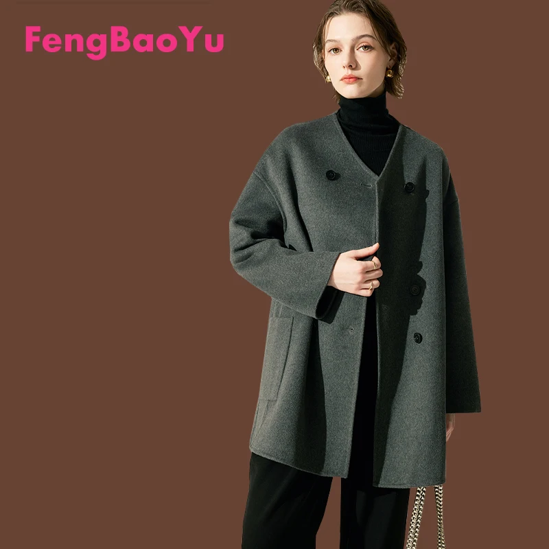 

Двустороннее кашемировое женское пальто, осенне-зимнее длинное темно-серое шерстяное пальто, элегантная модная уличная одежда, мягкая теплая одежда