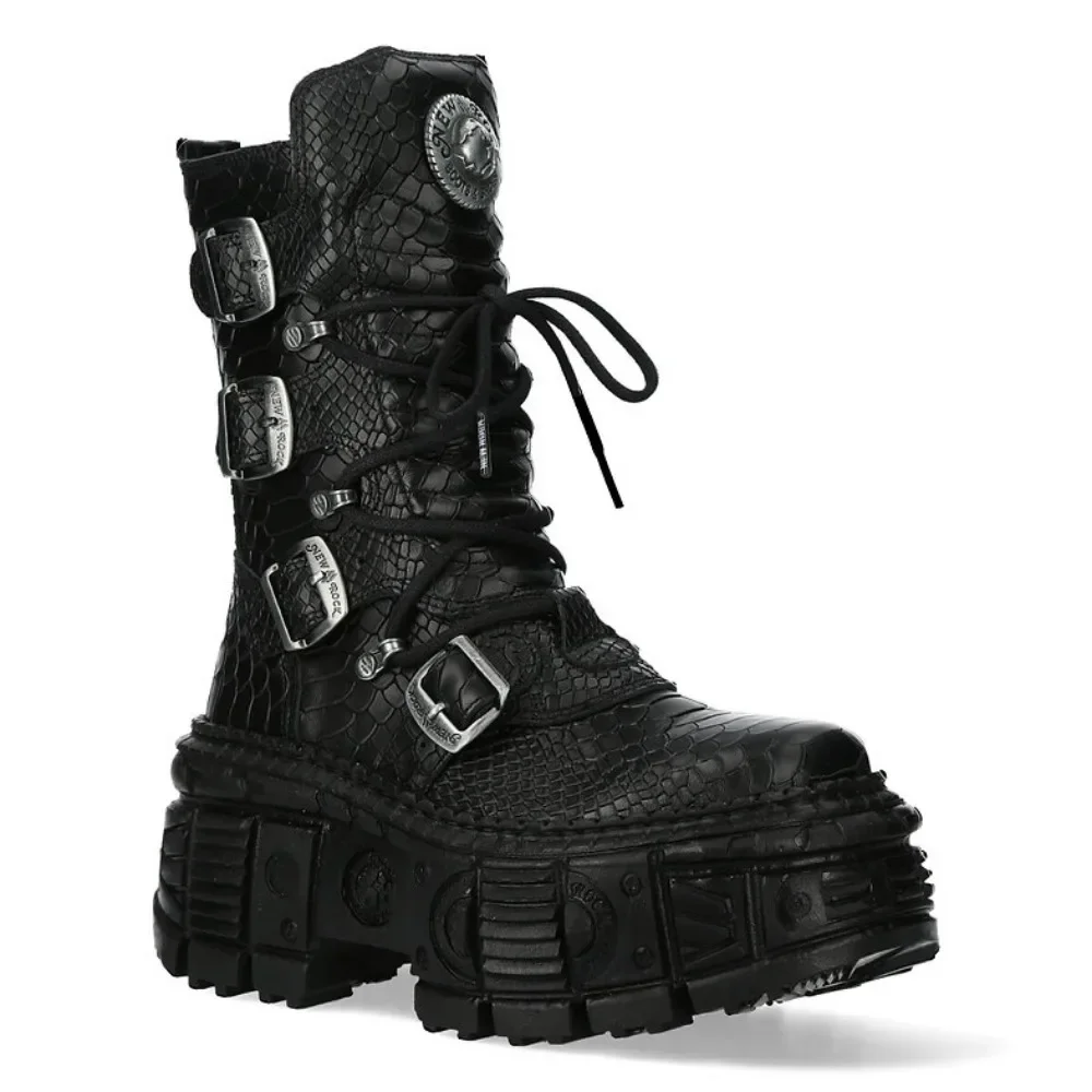 Men's Fashion Snake Pattern Genuine Leather Motorcycle Boots Goth Punk New Mid-calf Western Boots Metallic Platform Rock Boots