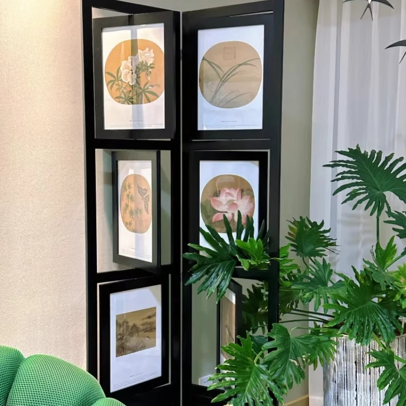 

American solid wood mobile European partition living room retro black light luxury medieval rotating photo frame screen