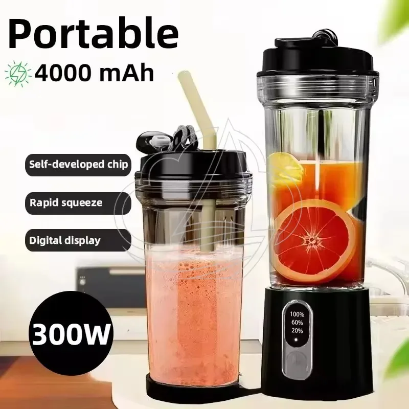 180W Tragbarer Entsafter, 4000mAh USB-Aufladbarer 4-Klingen-Smoothie-Becher