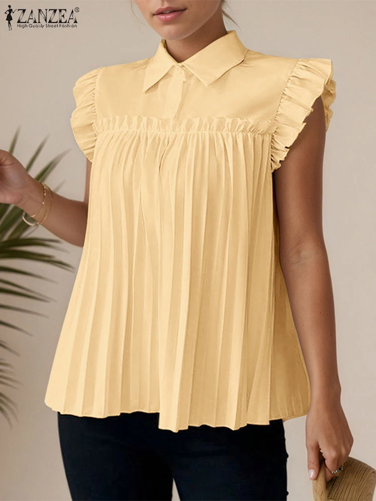 

ZANZEA Elegant Woman Pleated Blusas Mujer Fashion Summer Turn-Down Collar Sleeveless Plisse Tops Half-Button Ruffles Blouses