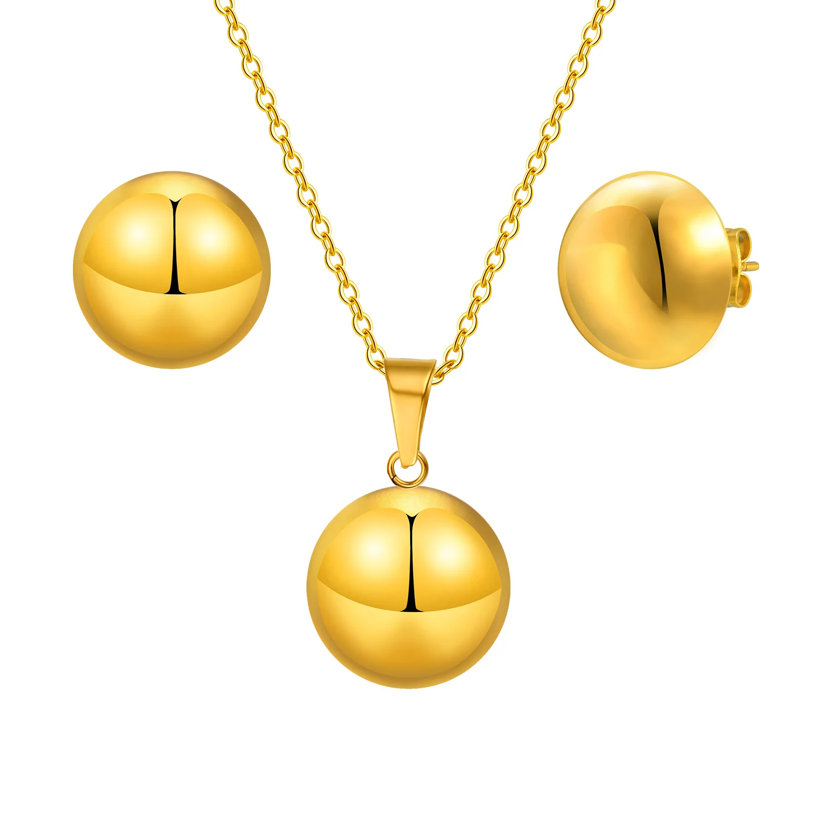 Womenn Jewelry Set Stainless Steel Hemispherical Ball Pendant Golden Necklace Earrings for Birthday Gifts