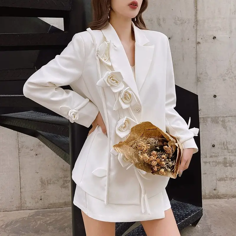 Chic Women 3D Flowers Suits Jacket Spring Autumn Floral Blazers Coat OL Roses Cardigan Turn Down Collar Outwear White Tops 2024