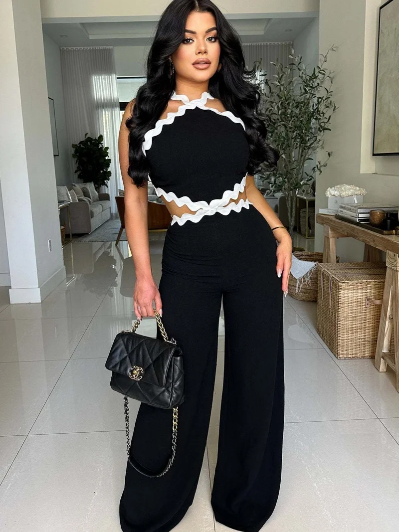 

Fashion Halter Jumpsuits Summer Clothing Women Sleeveless Backless Wide Leg Pants Rompers Playsuits One Pieces Overalls Outfits