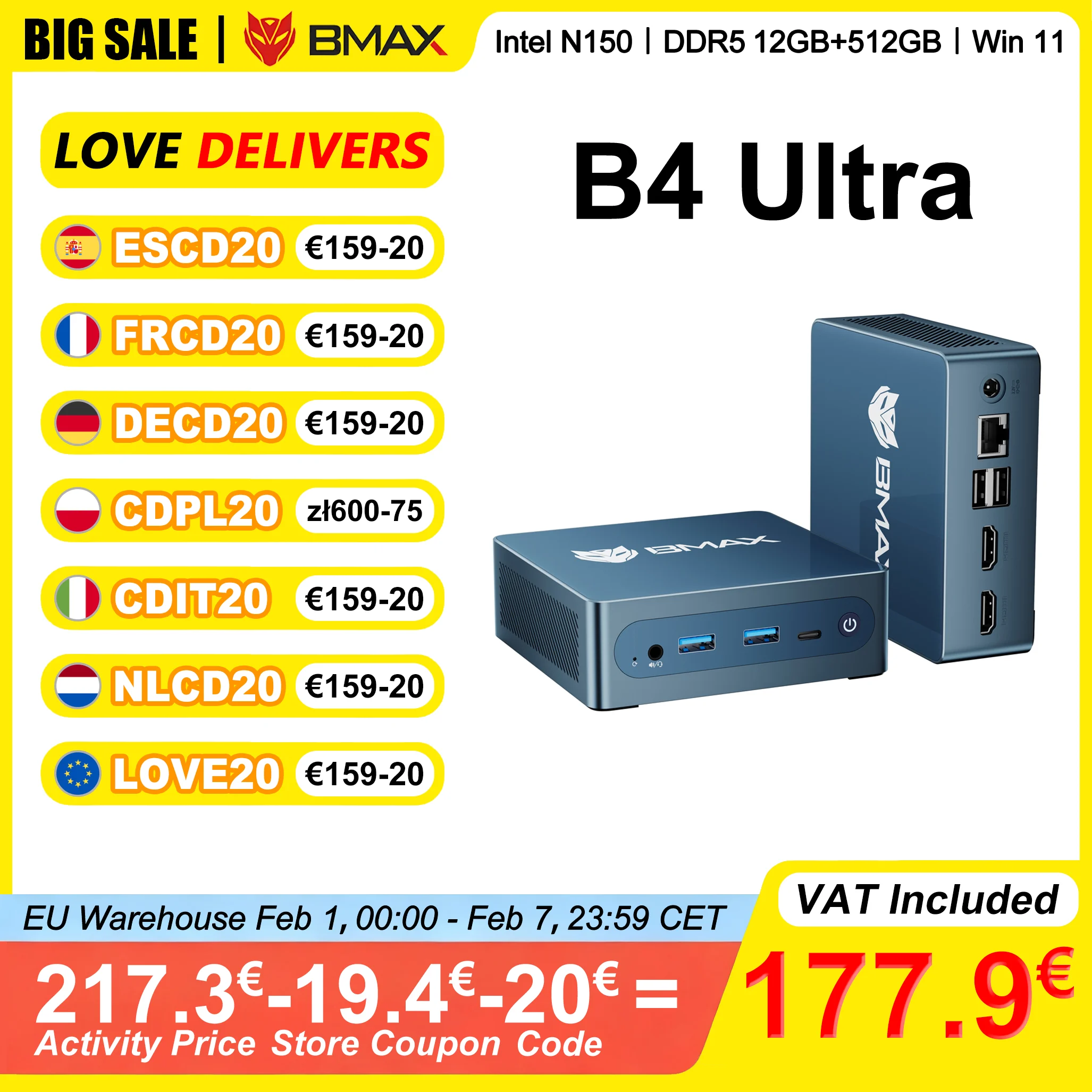 BMAX B4 Ultra Mini PC DDR5 12GB RAM 512GB ROM Intel N150 Windows 11 PC 1*Type-C 2*HDMI Obsługuje 4K@60Hz Intel Graphics 1000MHz