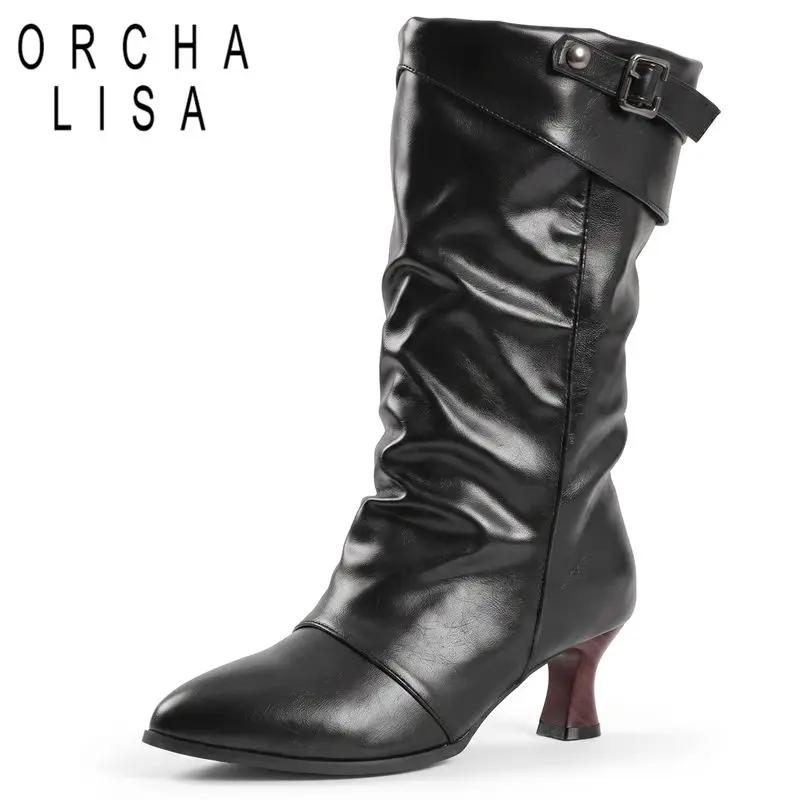 Botas de media caña para mujer, color marrón, de la marca ORCHA LISA, con punta afilada, tacón de 6 cm, diseño sin cordones, disponibles en tallas pequeñas y grandes (32, 33, 47, 48, 49, 50), estilo retro y moderno.