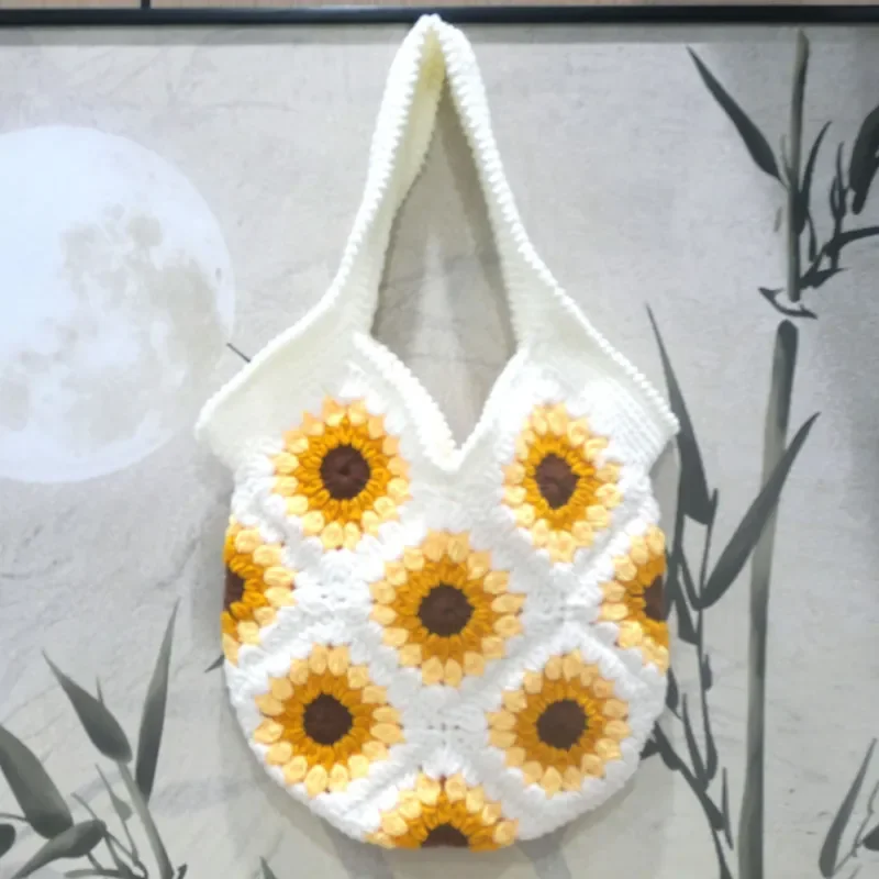 Sunflower-shaped handwoven straw handbag for women made of natural wool blend ideal for beach vacation and daily commuting view 2