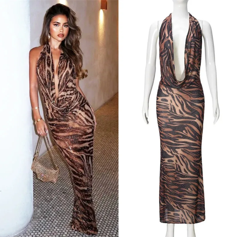

Summer New Halter Tie-Back Dress Trendy Leopard Print Bedazzled Dress Elegant Deep V-Neck Evening Gown Fashion Sleeveless Skirt