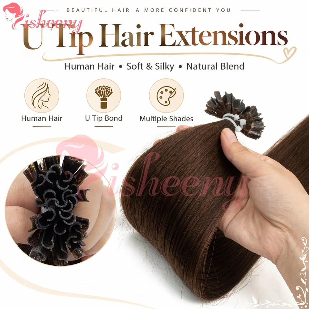 Isheeny Real Human Hair U Tip Extensions Straight Dark Tone Collection Full Length Options Durable Neat Tip Design Soft Natural Hair For Ladies Daily & Salon Hairstyle