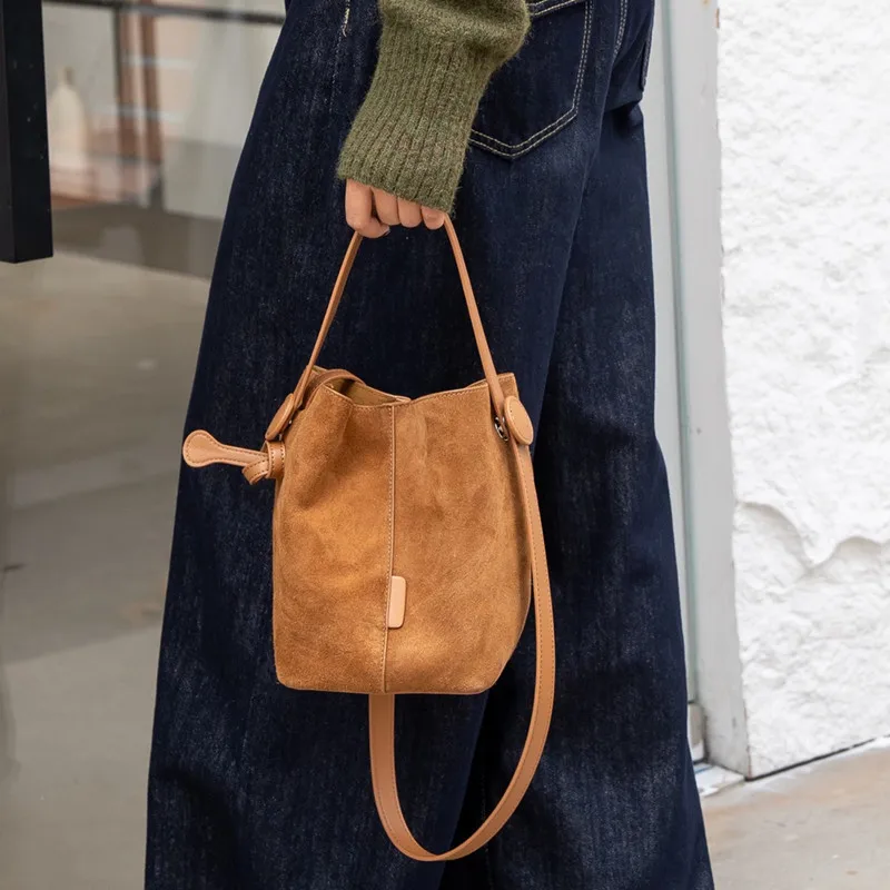 

New matte leather bags for autumn and winter Bucket Tote Camel Coffee Color First-class Nubuck Leather Women Shoulder Bag