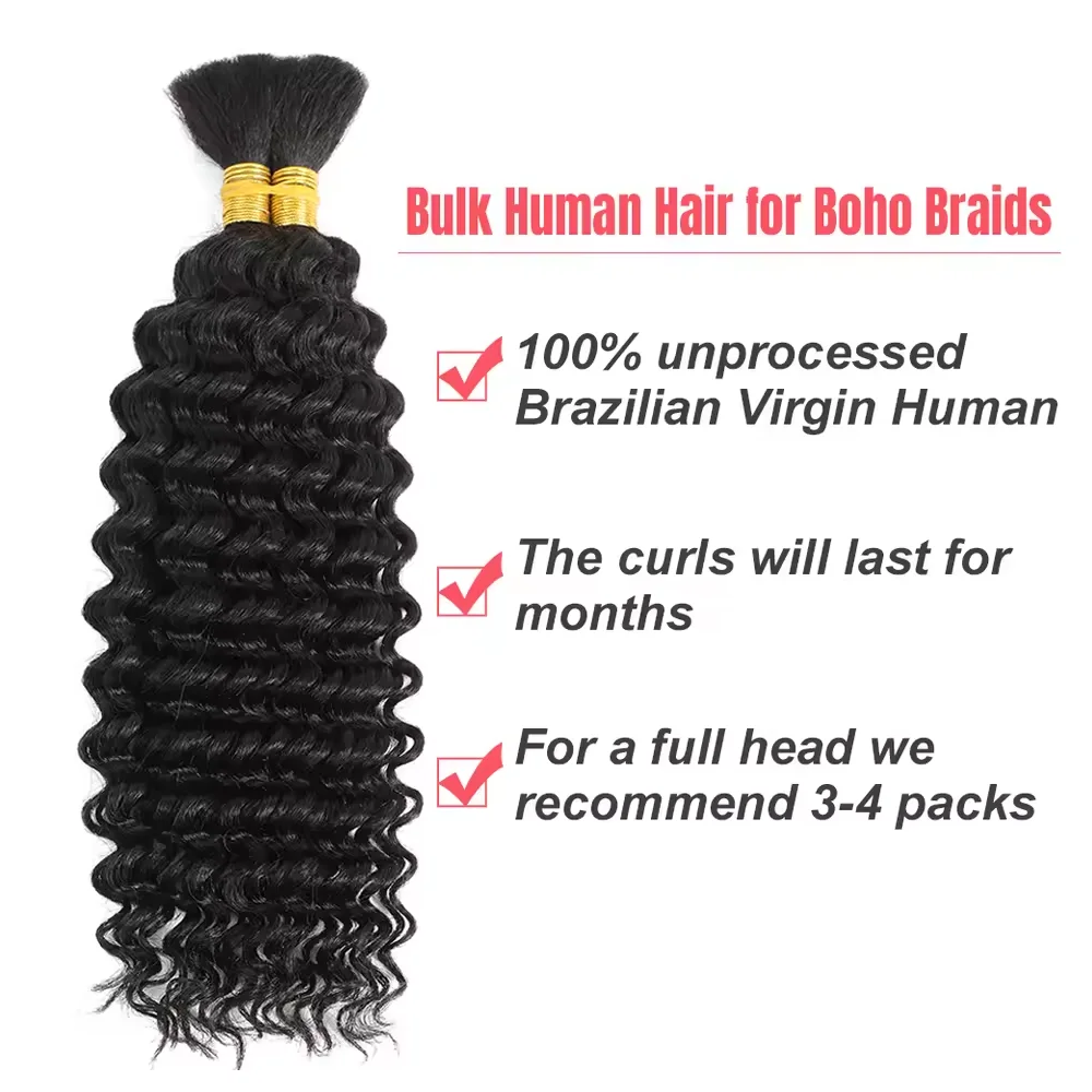 ضفائر بوهو شعر بشري شعر بوهو للتضفير بدون عقدة 100% شعر بشري مموج عميق شعر بشري شعر السائبة للتضفير للنساء