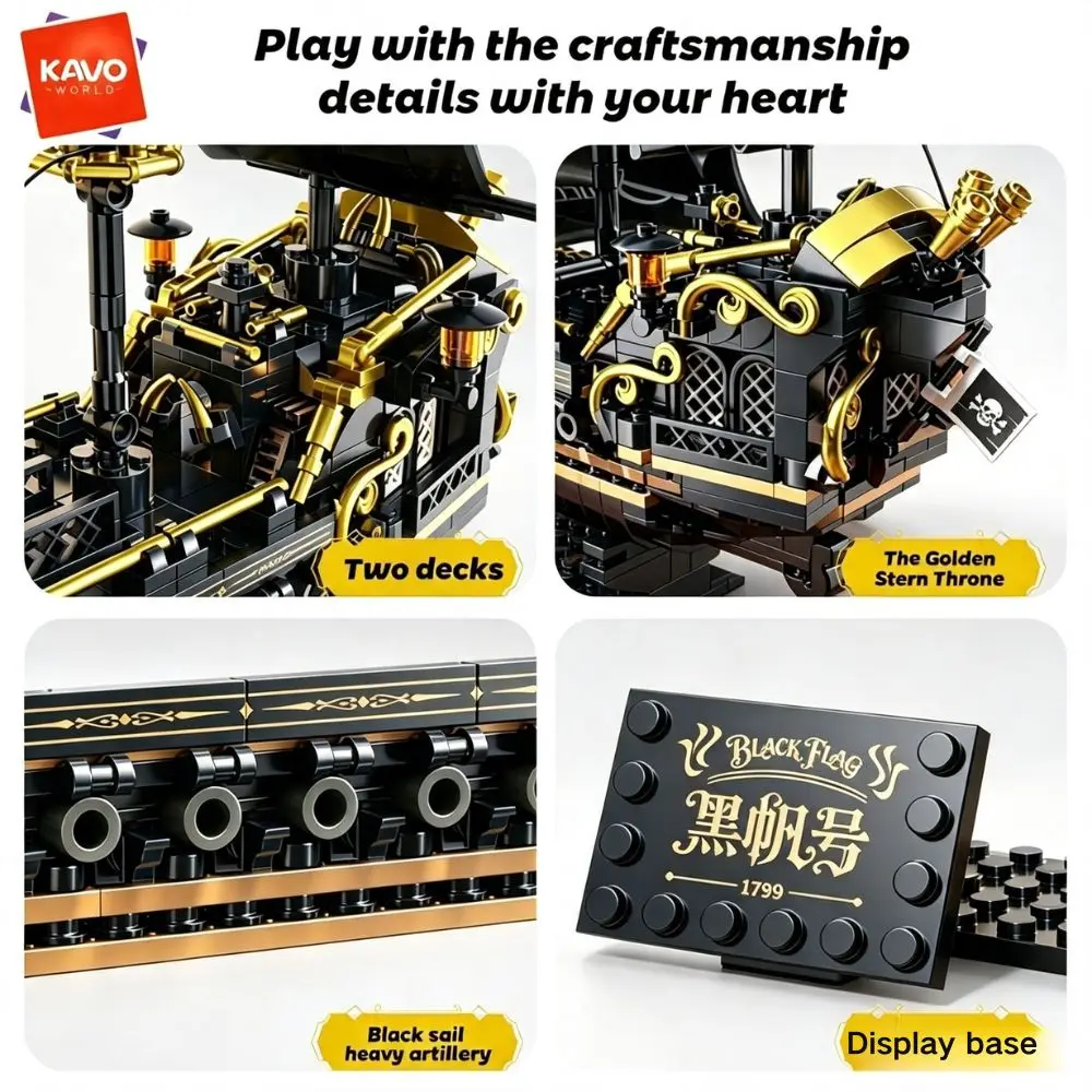 KAVOWORLD 801pcs 1799 Classic Black Sail Pirate Ship Toys Building Blocks Model with Display Stand Large Buccaneer Vessel Boat Brick Kit Corsair Boat Construction Toy Set Collectible DIY Assembly Toy for Desk Decor Christmas Halloween Gift for Adults Teen view 5