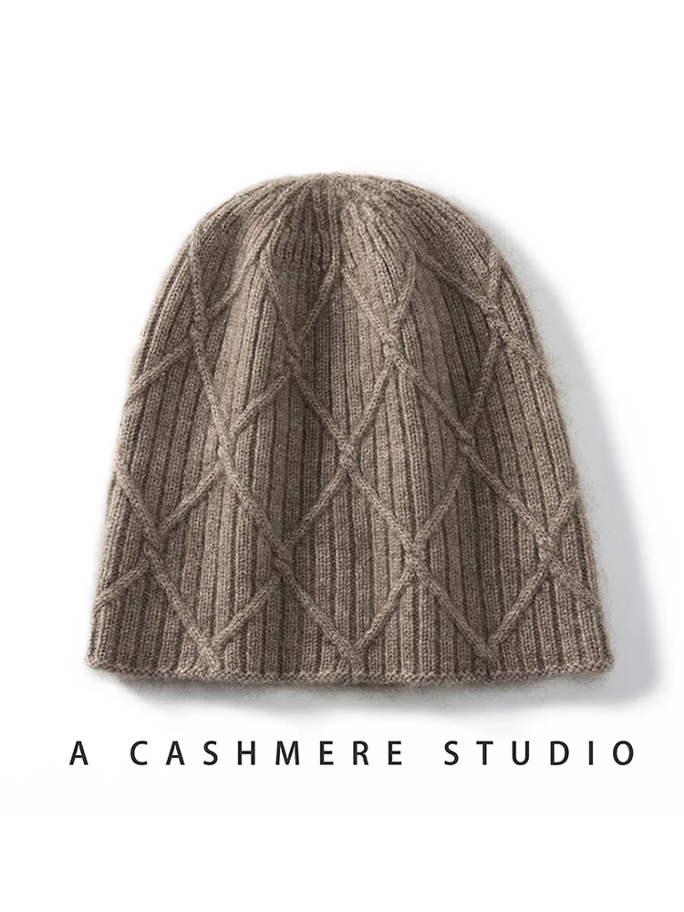100%Cashmere Neutral Diamond Grid Jacquard Thick Knit Hat For Women Autumn&Winter Warm Ear Protection Yarn Pullover Cap For Men