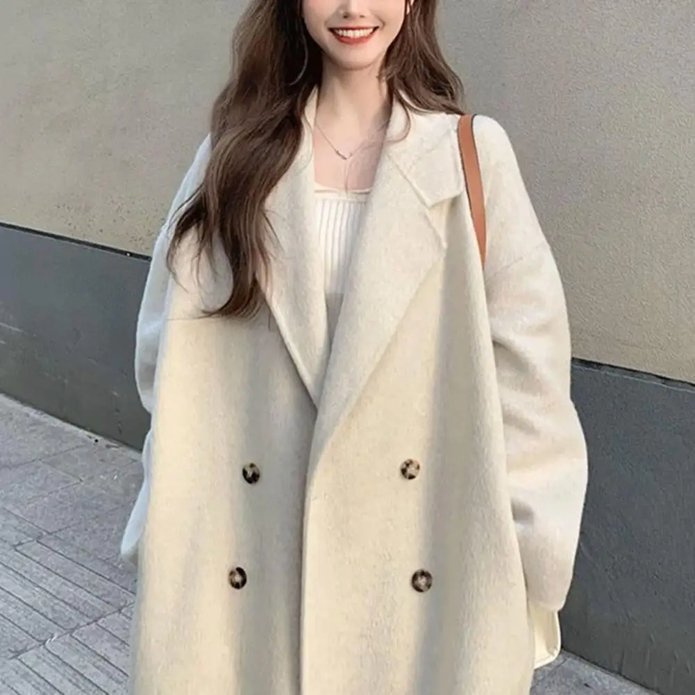 Spring Autum Jacket Thickened Windproof Warm Women\'s Double-breasted Trench Coat with Lapel Pockets Long Sleeves Mid Length