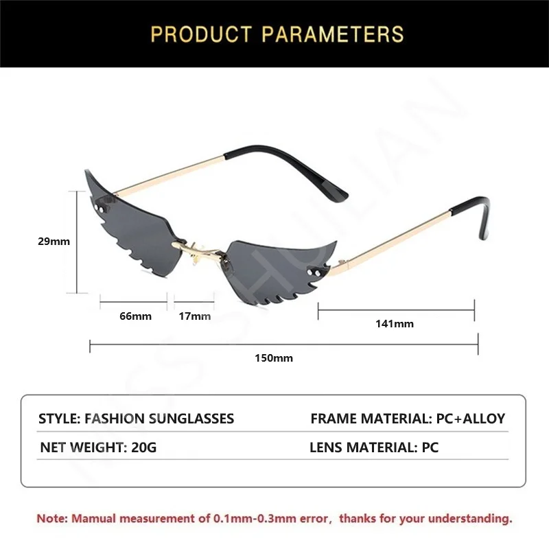 Wings Shape Rimless Sunglasses Women Ins Frameless Eyeglasses Female Party Funny Glasses Trend Eyewear Ocolus De Sol Feminino