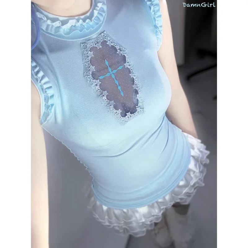 Harajuku الصليب التطريز جوفاء تي شيرت للنساء مع الخصر سترة ثقافة فرعية الألفية الساخن فتاة سليم الأعلى 2025 الصيف نمط جديد