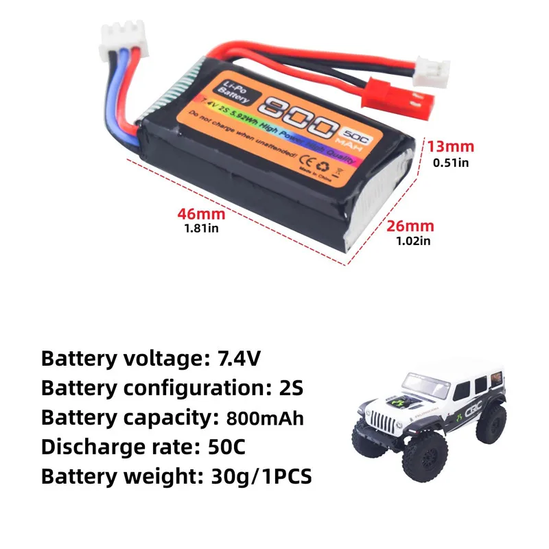 2PCS 7.4V Li-Po Battery 50C 800mAh With JST And PH2.0 Plugs For Most 1/10,1/16,1/18,And 1/24 Scale RC Cars,Trucks,And RC Drone