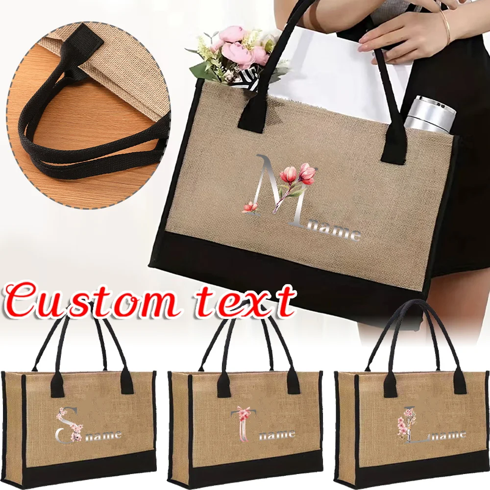 

Personalized Customization Name Large Capacity Women's Shopping Bag Waterproof Linen Handbag Yellow Hemp Bag for Women