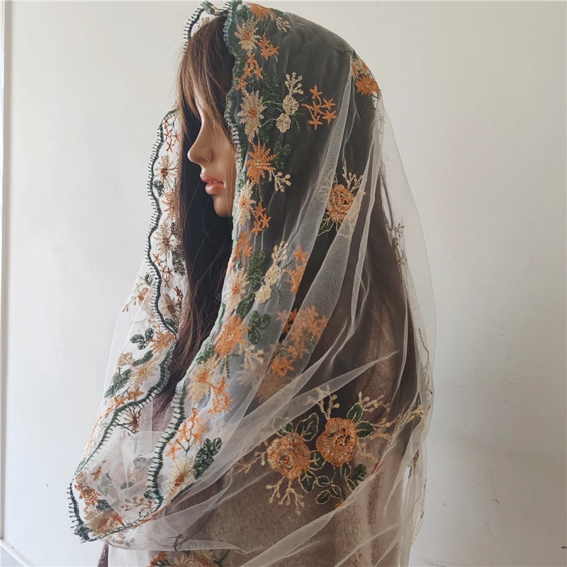 Infinity Embroidered Tulle Mantilla Veils For Church Catholic Green Leaves Yellow Flowers White Women Vintage Head Covering