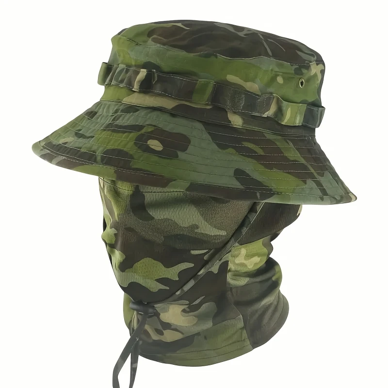 2 PCS Camouflage Bucket Sun Hat with Balaclava Face Cover Set Outdoor Jungle Fisherman Cap Summer Sunshade Head Cover