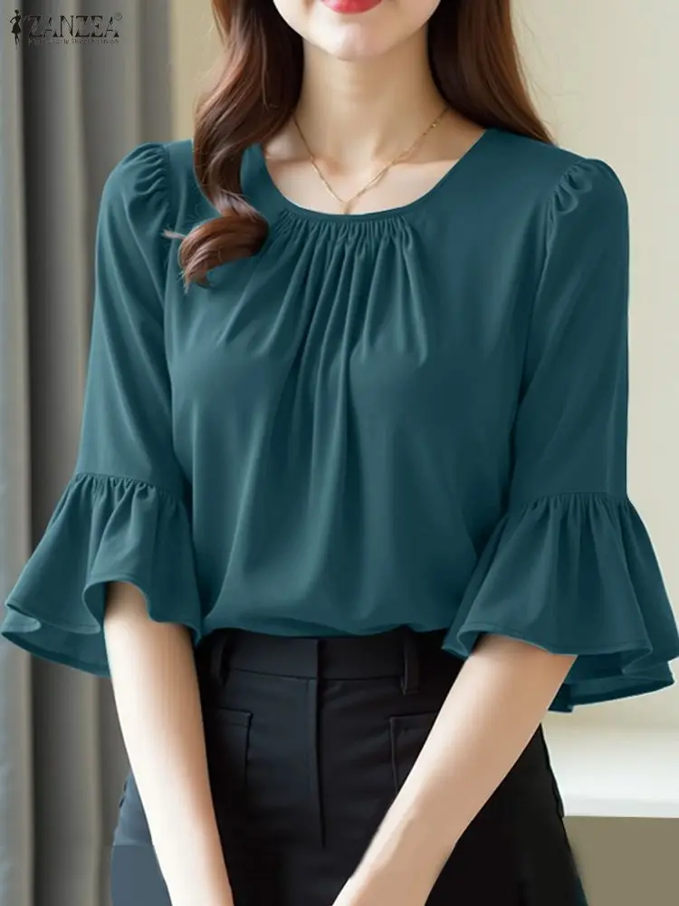 ZANZEA Office Women Blouse Summer Elegant Shirt Women O Neck 3/4 Sleeve Blusas Elegant Solid OL Work Tops Tunic Femme Mujer 2025