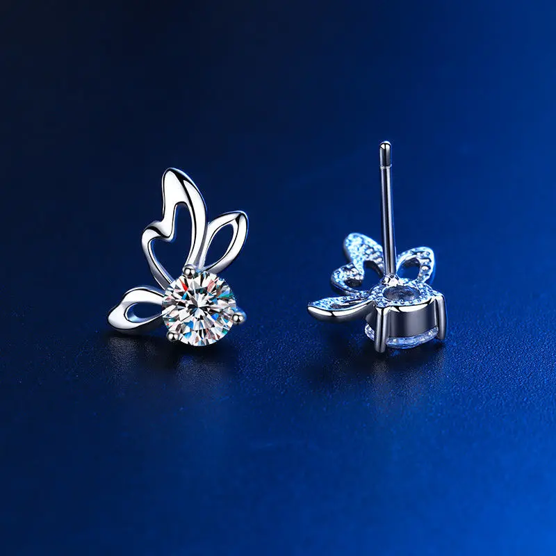 Nieuwe S925 Sterling Zilveren Stud Oorbel Voor Vrouwen Vlinder Witte Ronde Moissanite Oorknopjes