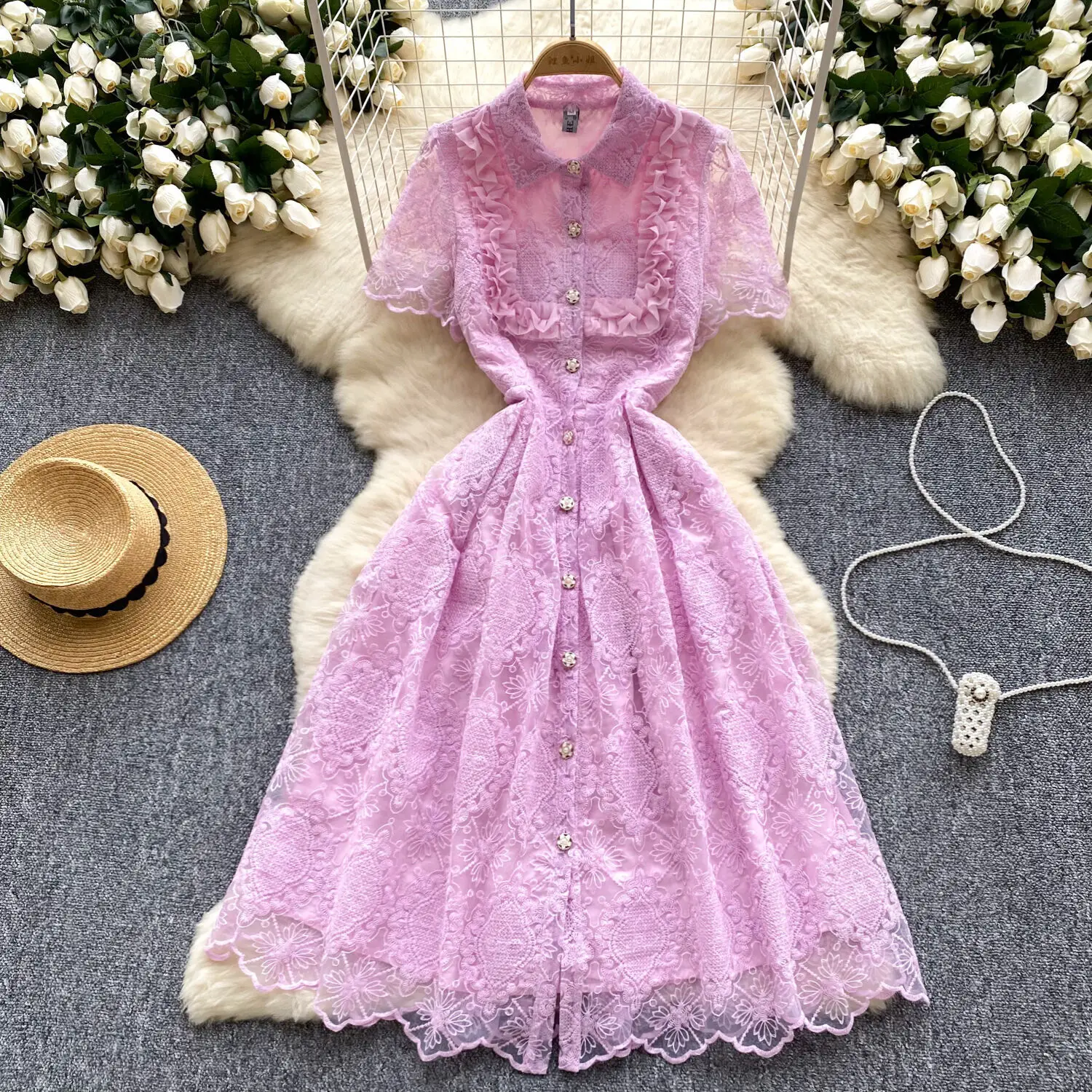 Summer French Retro Flower Embroidery Single Breasted Beaded Button Short Sleeve Ruffle Midi Long Lace Evening Dress Shirt Women