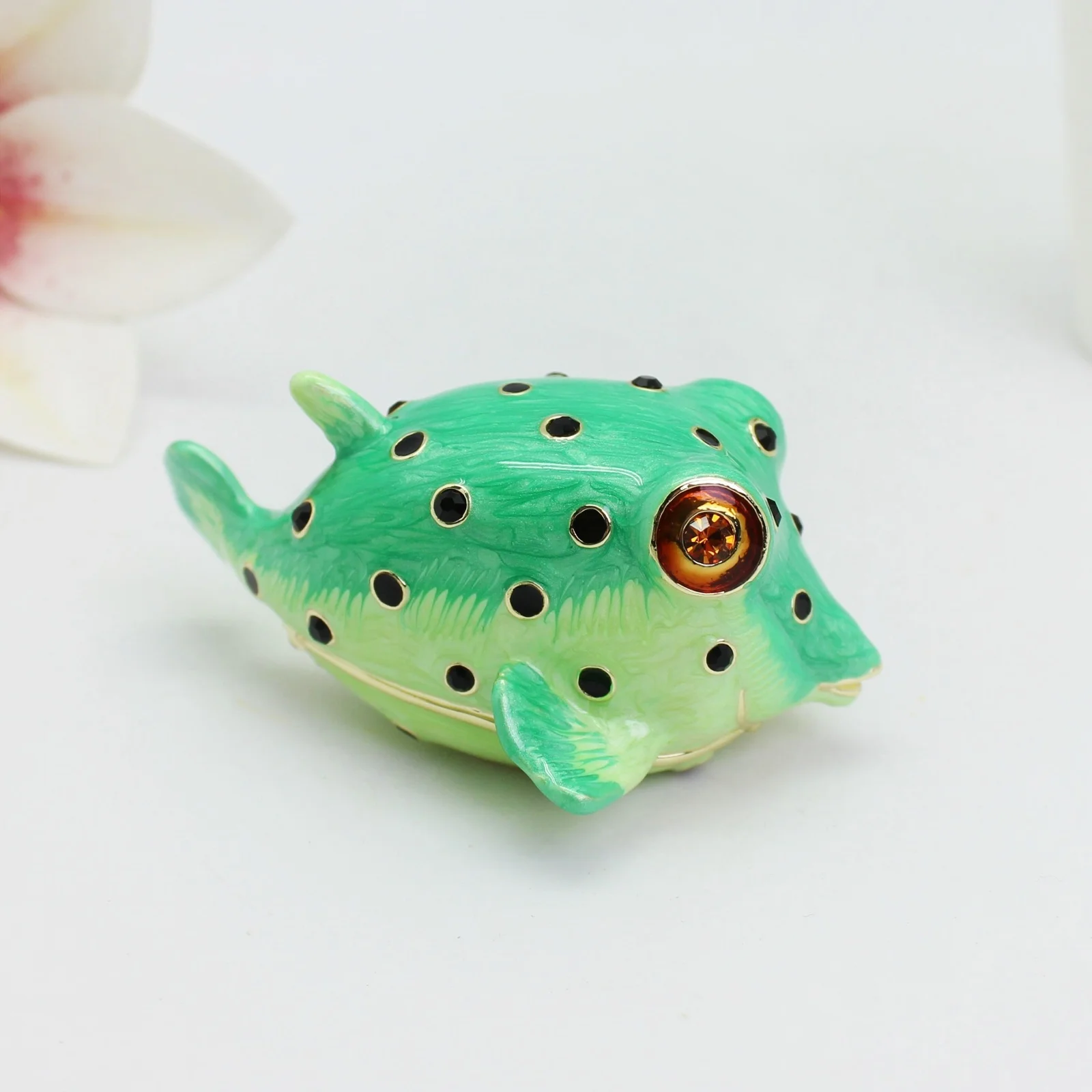 SHINNYGIFTS  Pufferfish Trinket Box  Hand Painted Hinged Animal Jewelry Box Figurine for Home Decoration