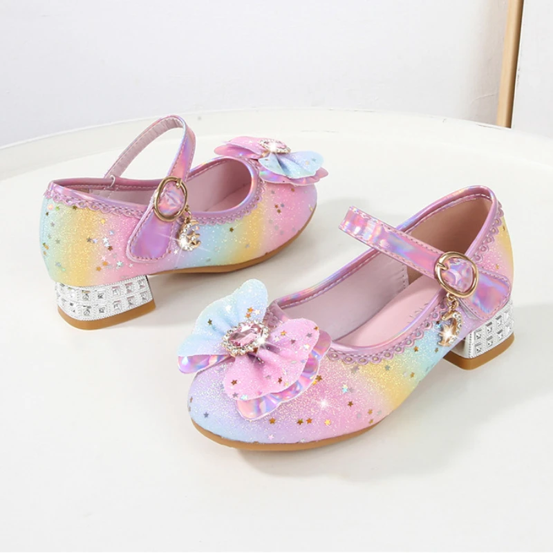 Kids Leather Shoe Glitter Rainbow Children Princess Shoes Fashion Spring Bowknot Girls Performance Party High Heels Single Shoes