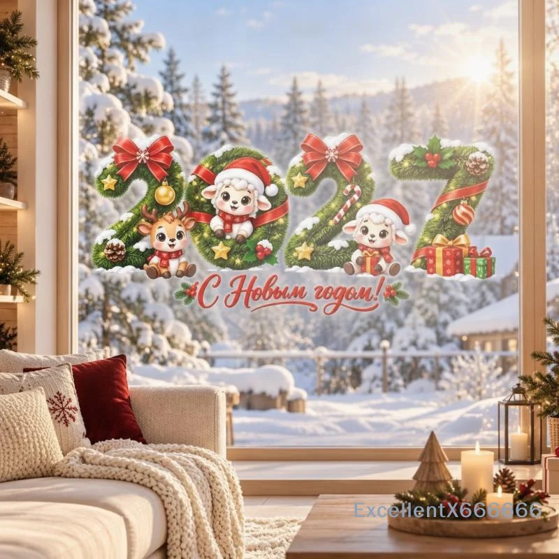 2027 New Russian New Year Window Stickers Cartoon Elk Sheep Static Glass Decals Holiday Home Decor