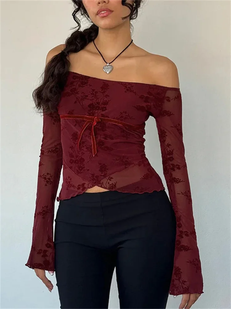 Y2K Fleece Flower Mesh Off Shoulder Crop T-shirt Women's Clothing Flare Long Sleeve Slim Top Fashion Tees Streetwear