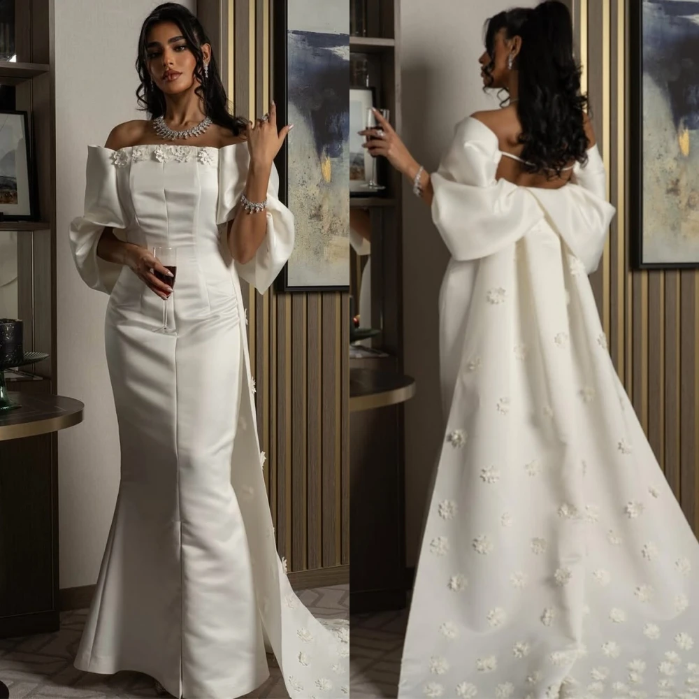 

Customized Elegant White Satin Evening Dress Formal Boat Neck Off the Shoulder Party Dress Classic Mermaid Appliques Prom Dress