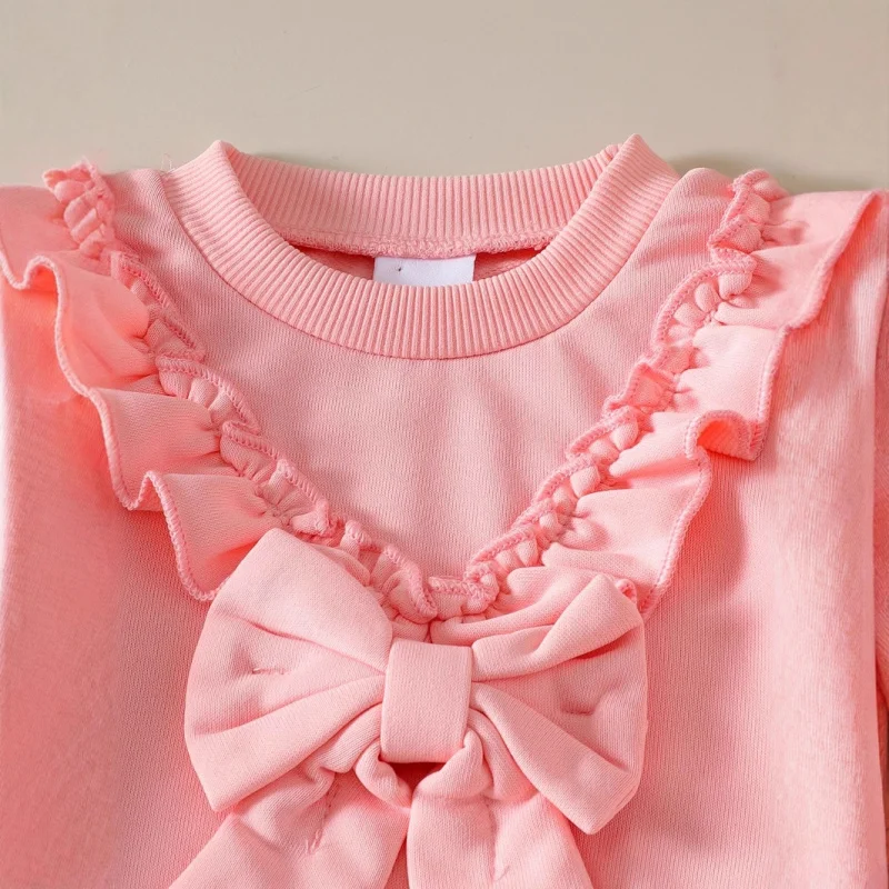 

Autumn New Girls' Set Ruffled Pink Long Sleeve Sweatshirt with Denim Long Pants Two-Piece Set