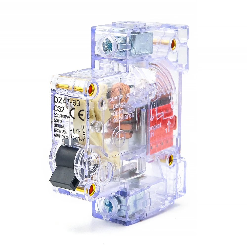 Disjoncteur miniature transparent à montage sur rail Din 1P 16-63A, DZ47-63 pour la sécurité électrique domestique/industrielle (AC230V/400V)