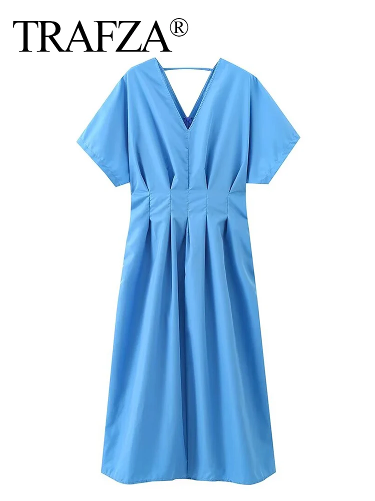 

TRAFZA Women's New Fashion V-Neck Blue Waisted Bat-Sleeve Long Skirt Female Chic Elegant Zipper High Street Ankle-Length Dress