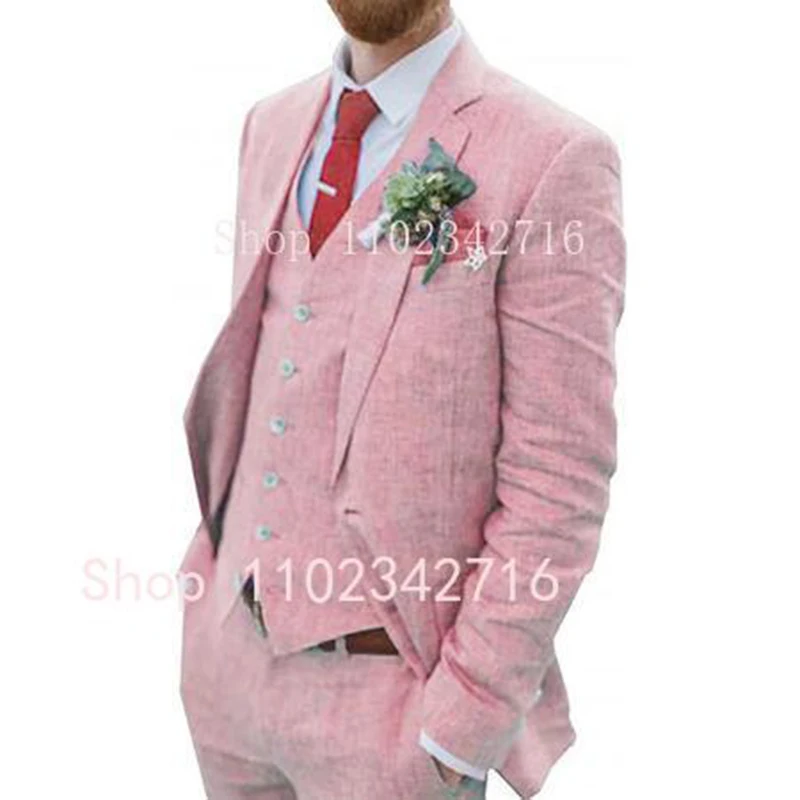 Traje de lino de 3 piezas para hombre, esmoquin para novio, boda, padrino de boda, traje de playa de verano, (chaqueta, pantalones y chaleco), 2023