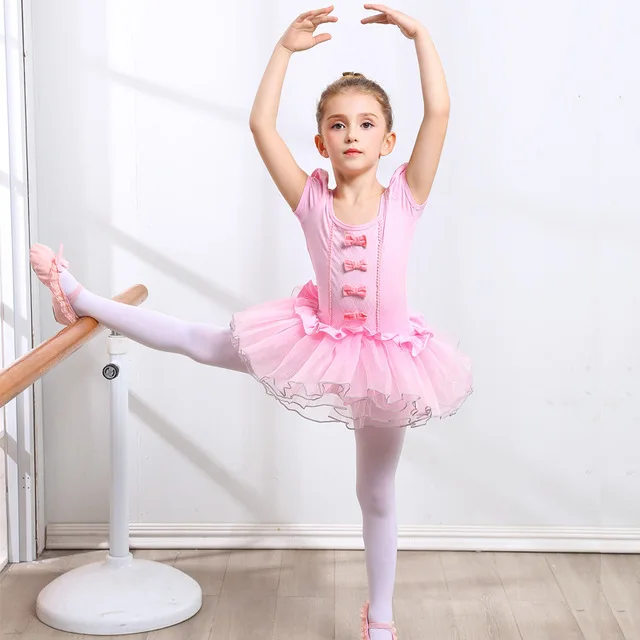 Vestido de tutú de baile de Ballet para niñas, leotardo de gimnasia con lazo de tul de manga corta/larga, ropa de fiesta de cumpleaños