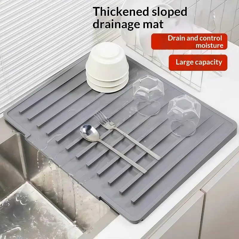 【M】Heat-Resistant Silicone Sink Drying Mat Non-slip Slope Diversion Kitchen Drain Mat Quick Drain Flexible Thick Sink Mat