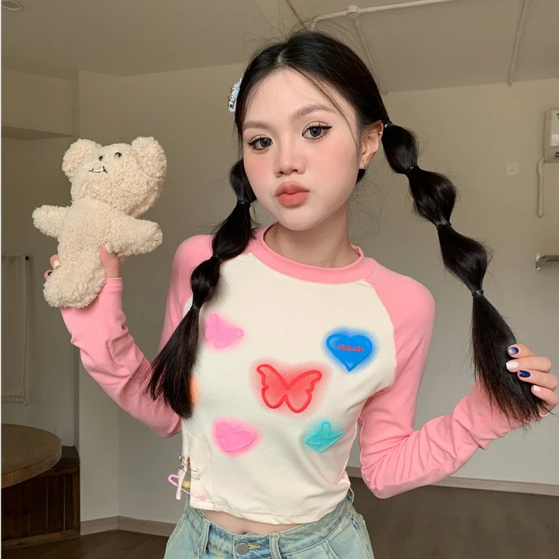 Women's T Shirt Spring New Color Collision Butterfly Print Long Sleeve Tops Sweet Versatile Short Tees Female Graphic T-shirts