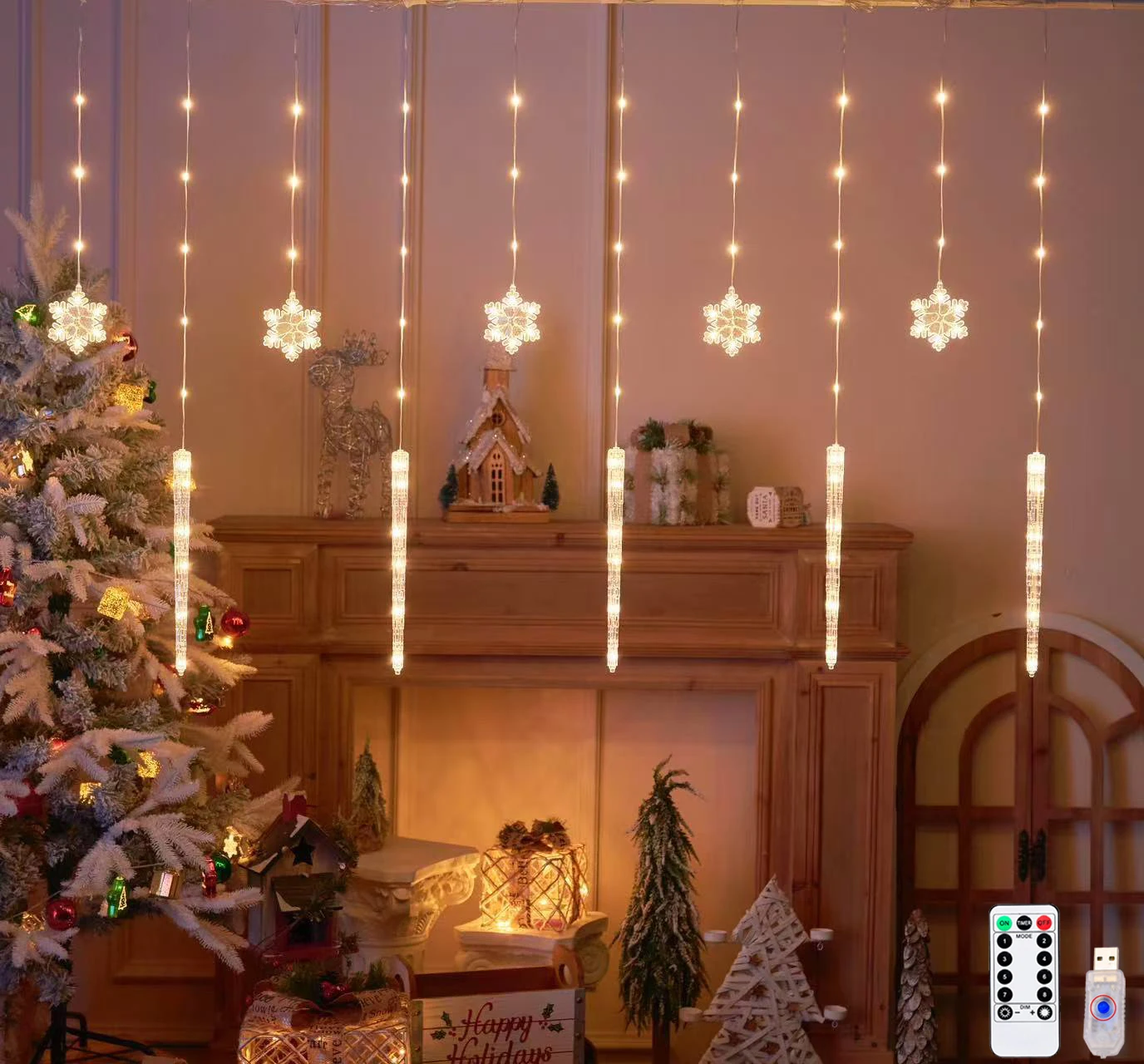 クリスマスフェアリーカーテンライト-98フィート-スノーフレーク-アイスピックライト-usbリモコン付き-室内装飾-キラキラランプ-寝室-クリスマス窓用