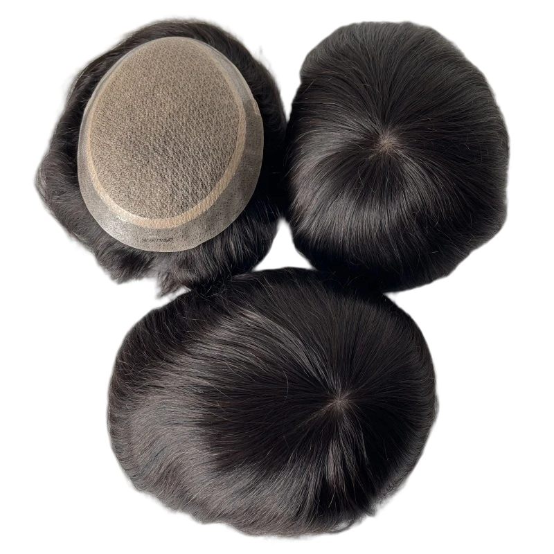 أنظمة الشعر البشري الهندي البكر 1B # شعر مستعار بقاعدة حريرية مقاس 8 × 10 باللون الأسود الفاتح للرجال الأوروبيين #5